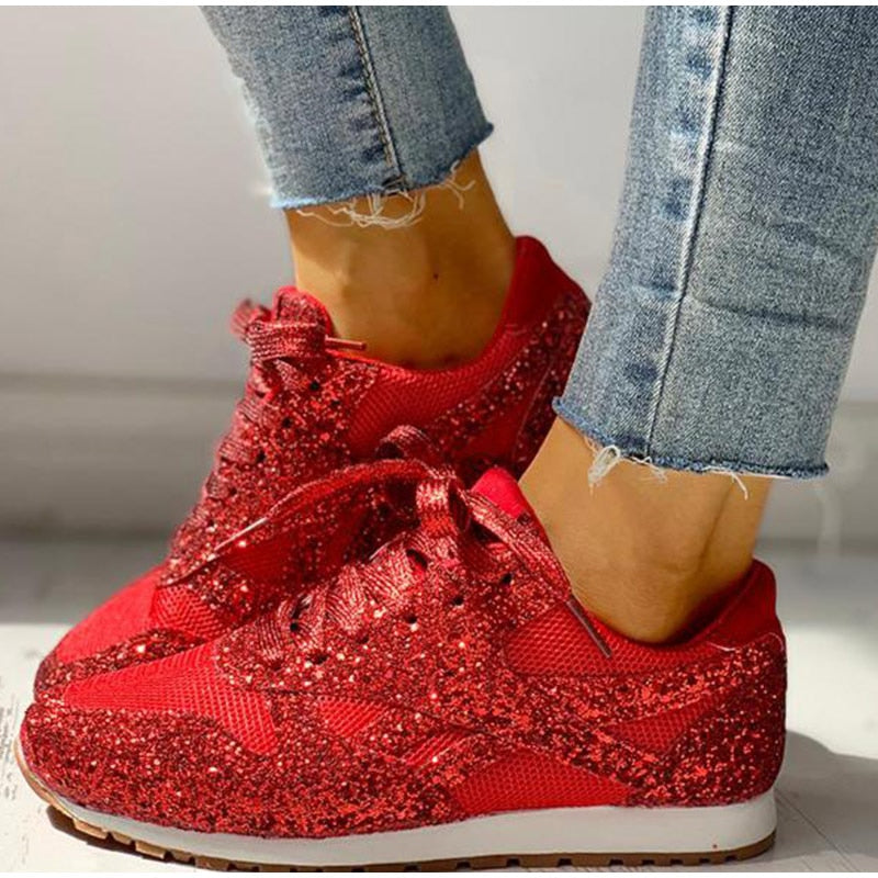 Women Flat Glitter Sneakers Casual Female Mesh Lace Up Bling Platform Comfortable Shoes  Soft Knitting.